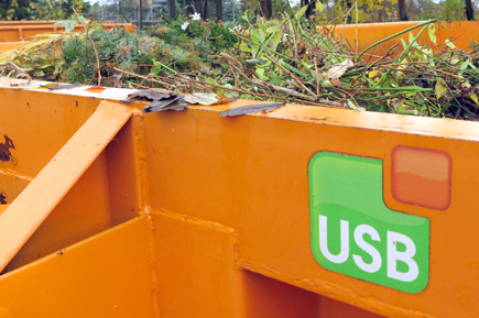 Ein orangener Container mit dem USB Logo, befüllt mit Grünschnitt