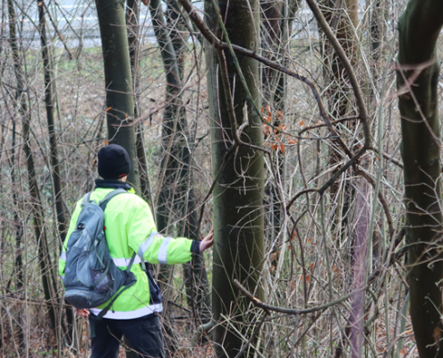 Ein Mann mit Rucksack läuft durch einen Wald